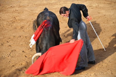 Fontanar, Spain  August 19, 2012 : Toreador fighting with bull during corrida show.のeditorial素材