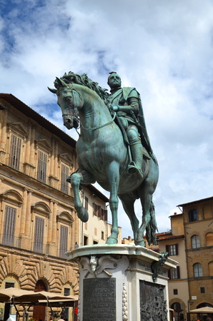 The statue of Cosimo I de Medici on Piazza della Signoria in Florence, Italy の写真素材