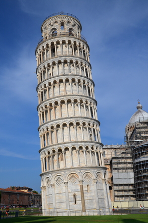 The outstanding view of the Leaning Tower on Square of Miracles in Pisa, Tuscany in Italyの写真素材