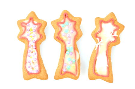 Delicious decorated Christmas cookies isolated on white backgroundの写真素材
