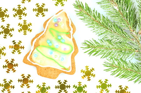 Delicious decorated Christmas cookie on white backgroundの写真素材
