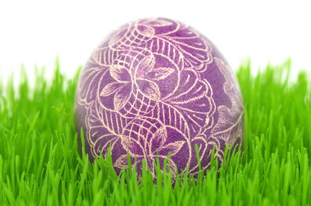 traditional scratched handmade Easter egg on the grass isolated on whiteの写真素材