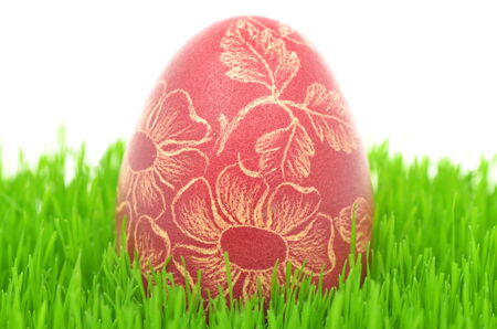 traditional scratched handmade Easter egg on the grass isolated on whiteの写真素材