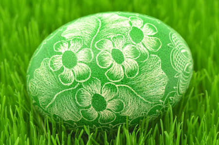 traditional scratched handmade Easter egg on the grassの写真素材