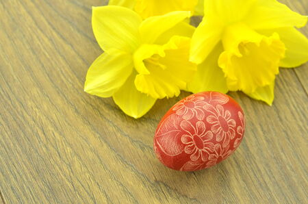 scratched handmade Easter egg and daffodil flowersの写真素材