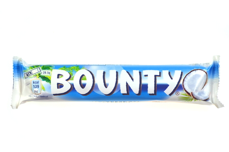 Bounty coconut chocolate bar isolated on white backgroundのeditorial素材