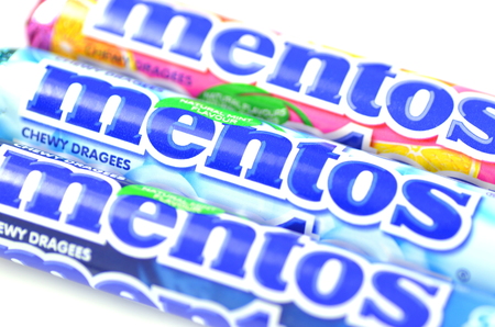Mentos chewy dragees isolated on whiteのeditorial素材