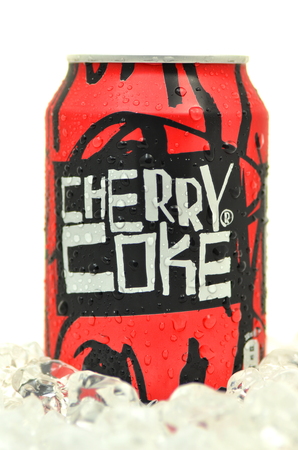 Can of Cherry Coke drink isolated on iceのeditorial素材