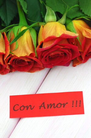 with love wishes in spanish and bouquet of gorgeous red rosesの写真素材
