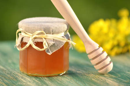 jar of delicious honey with rapeseed flowers and honey dipperの写真素材