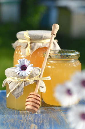 jars of delicious honey, flowers and honey dipper in apiaryの写真素材