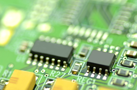Closeup of electronic circuit board, inside of computerの写真素材