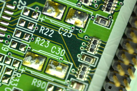 Closeup of electronic circuit board, inside of computer