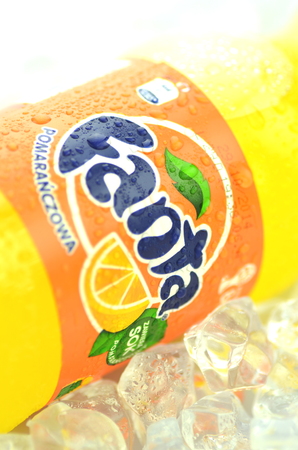 Bottle of Fanta drink on ice cubesのeditorial素材