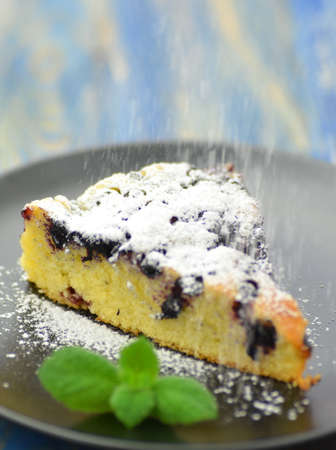 piece of delicious homemade fruity sponge cake with blueberriesの写真素材