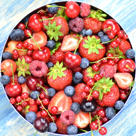 variety of soft fruits, strawberries, raspberries, cherries, blueberries, currantsの写真素材