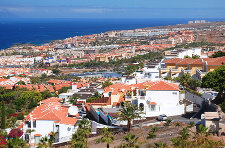 picturesque outstanding landscape of beautiful resort playa de las americas on tenerife, canary islands, spainの写真素材