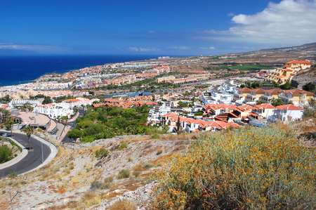 picturesque outstanding landscape of beautiful resort playa de las americas on tenerife, canary islands, spainの写真素材