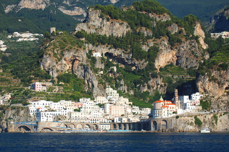 scenic view of village atrani on amalfi coast in italyの写真素材