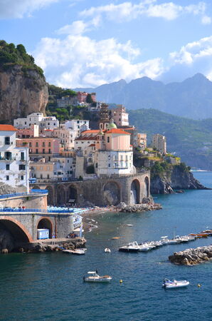 scenic view of village atrani on amalfi coast in italyの写真素材