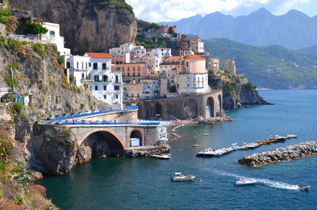 scenic view of village atrani on amalfi coast in italyの写真素材