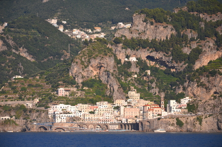 scenic view of village atrani on amalfi coast in italyの写真素材