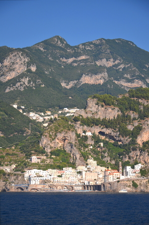 scenic view of village atrani on amalfi coast in italyの写真素材