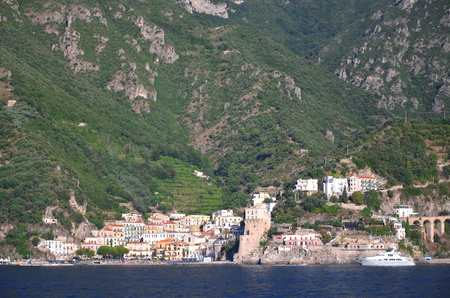 picturesque view of village cetara on amalfi coast in southern italyの写真素材