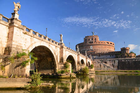 Picturesque view of majestic Castle of Saint Angel over the Tiber river in Rome, Italyの写真素材