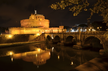 Majestic Castle of Saint Angel over the Tiber river by night  in Rome, Italyのeditorial素材