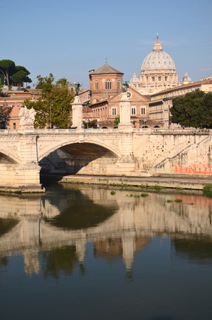 Monumental St. Peters Basilica over Tiber in Rome, Italyの写真素材
