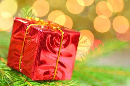 christmas decoration, Christmas present against bokeh backgroundの写真素材