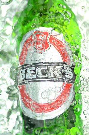 Becks beer in splashed water.のeditorial素材