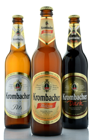 Krombacher pils, wheat, dark  beer isolated on white backgroundのeditorial素材