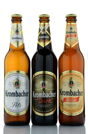 Krombacher pils, wheat, dark  beer isolated on white backgroundのeditorial素材