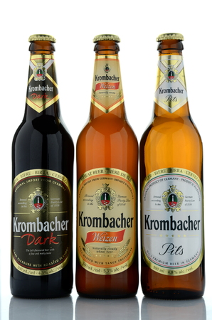 Krombacher pils, wheat, dark  beer isolated on white backgroundのeditorial素材
