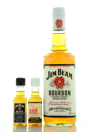 Jim Beam bourbon whiskey isolated on white backgroundのeditorial素材
