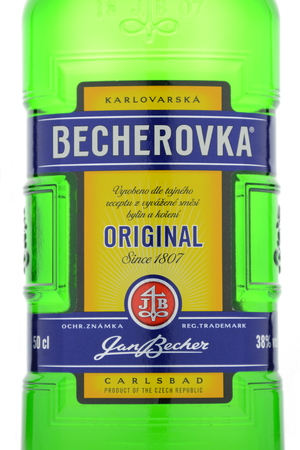 Bottle of Becherovka isolated on white backgroundのeditorial素材