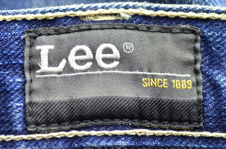 Closeup of Lee39s label on blue jeansのeditorial素材