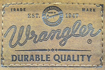 Closeup of Wrangler label on blue jeansのeditorial素材