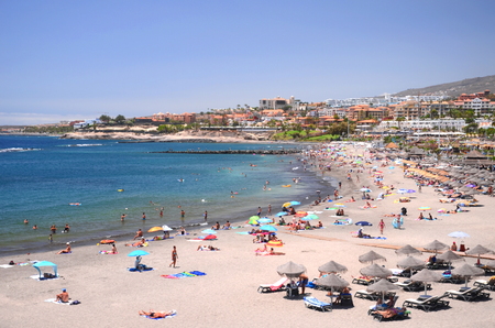 Beautiful sandy Playa de Torviscas in Adeje on Tenerife, Spainの写真素材