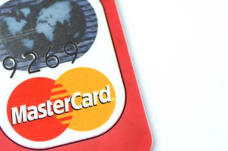 Closeup of MasterCard debit card isolated on white background