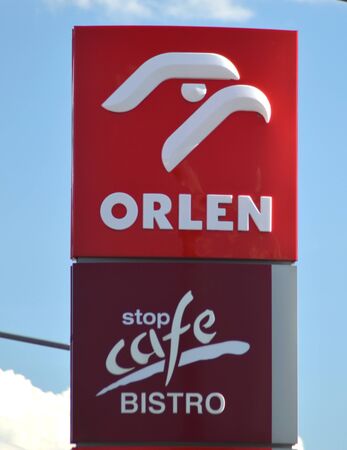 sign of Orlen against blue skyのeditorial素材