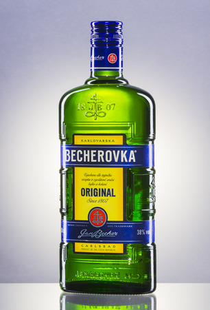 Bottle of Becherovka on gradient background.のeditorial素材