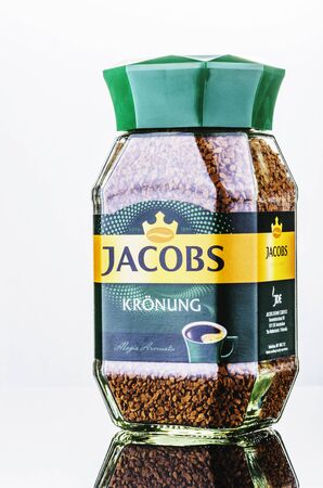 Jacobs Kronung coffee isolated on gradient background. Jacobs is coffee brand that traces its beginnings to 1895 in Germany by Johann Jacobs.のeditorial素材