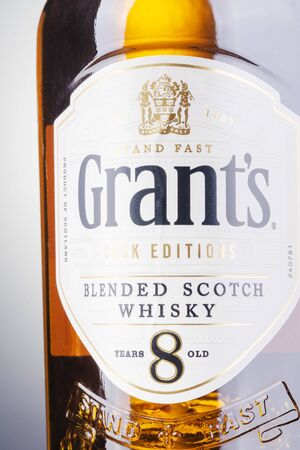 Grants blended whiskey on gradient background. Grants has been produced by William Grants and sons in Scotland since 1887のeditorial素材