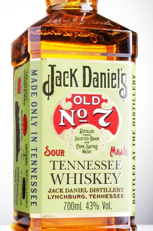 Bottle of Jack Daniels Old No 7 whiskey isolated on gradient background. Jack Daniels sour mash whiskey has been distilled in Tennessee USA since 1866のeditorial素材