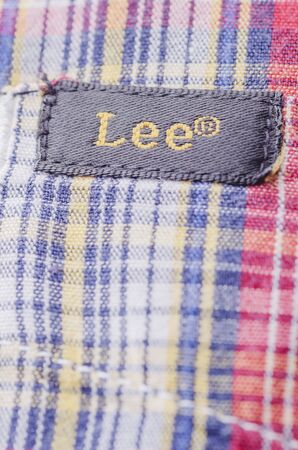 Closeup of Lee label on clothes. Lee is an American brand of denim jeans, first produced in 1889 in Salina, Kansas, USA.のeditorial素材
