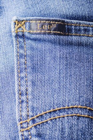 Closeup of Lee label on clothes. Lee is an American brand of denim jeans, first produced in 1889 in Salina, Kansas, USA.のeditorial素材