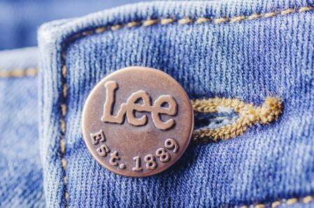 Closeup of Lee button on clothes. Lee is an American brand of denim jeans, first produced in 1889 in...